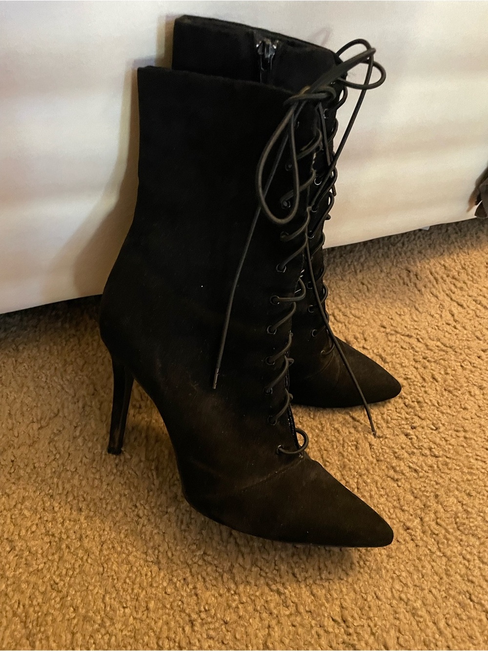 Qupid Black Lace-Up Pointed Toe Stiletto Ankle Boots